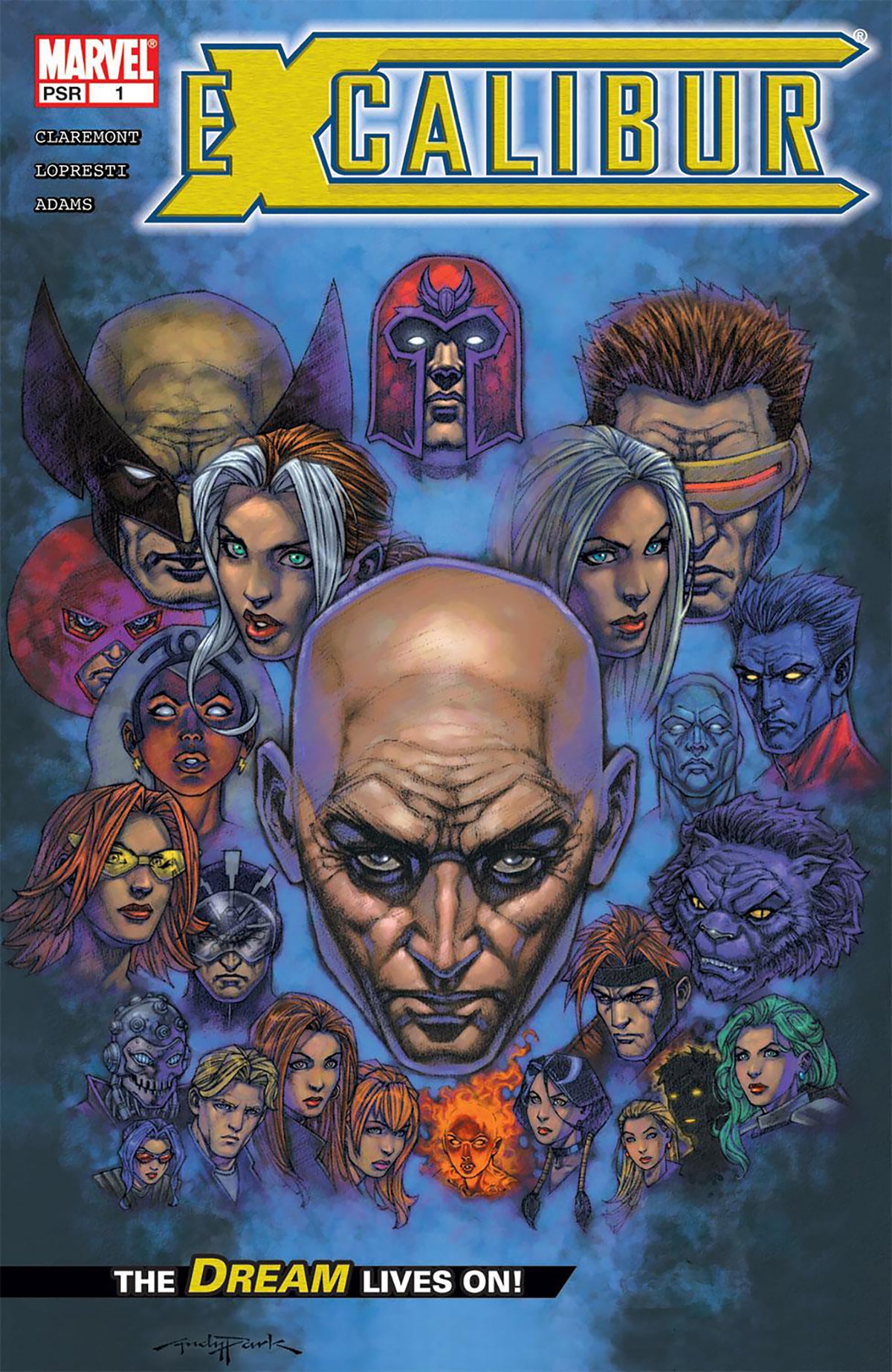 Andy Park cover art for Marvel’s Excalibur #1, featuring Professor X at the center surrounded by portraits of X-Men characters including Wolverine, Magneto, Cyclops, Storm, Rogue, Nightcrawler, Gambit, and others. Claremont. Lopresti. Adams.