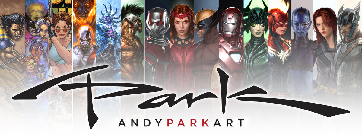 A promotional graphic for Andyparkart featuring a collage of various marvel characters behind a large stylized 'Park' logo, with 'ANDYPARKART' written below in red and black text.