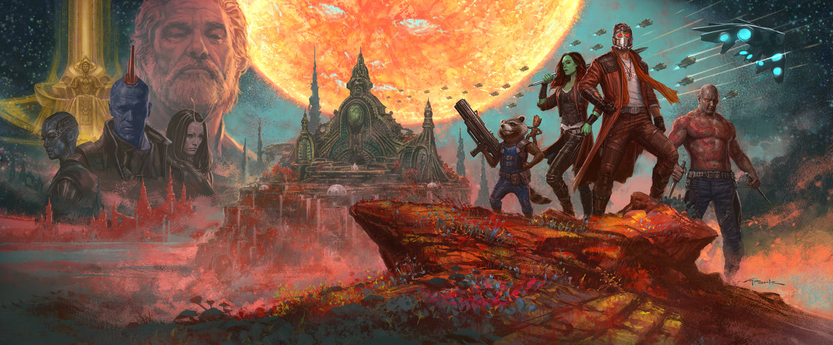A colorful fantasy art print featuring characters from Marvel's Guardians of the Galaxy standing on a rocky cliff, with a large orange planet in the sky and a castle in the background.