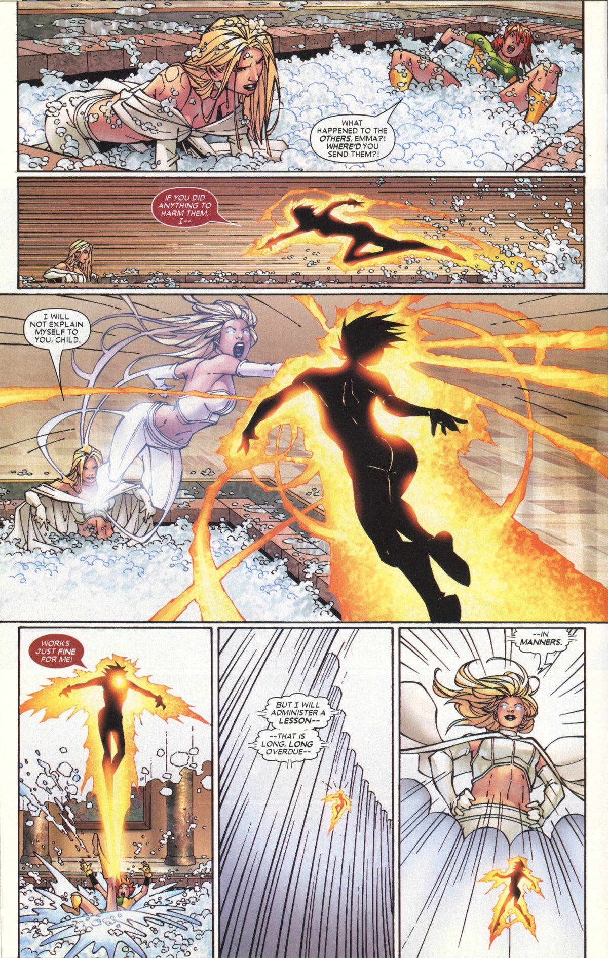 Andy Park interior comic art featuring Emma Frost and Rogue as a fiery Phoenix-like figure erupts from the water and attacks, engulfed in blazing orange energy.