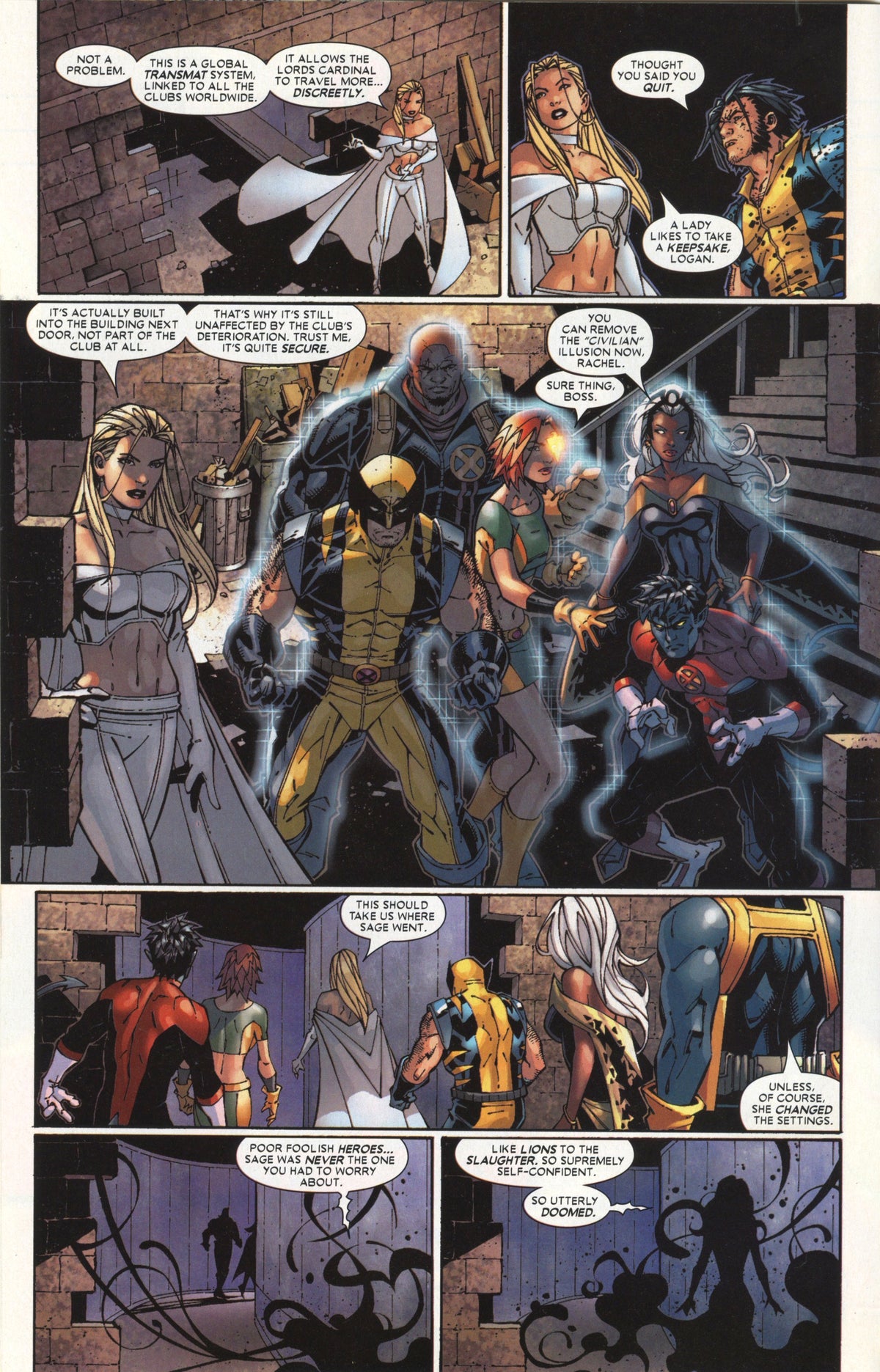 Andy Park interior comic art featuring Emma Frost leading Wolverine, Storm, Nightcrawler, Rogue, and other X-Men through a hidden underground passage as they prepare to find Sage.