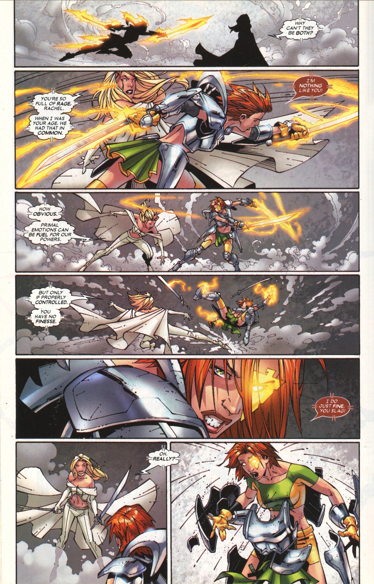 Andy Park interior comic art featuring Emma Frost battling Rachel Summers, who wields fiery Phoenix energy and glowing psionic weapons as the two clash in a smoke-filled scene.