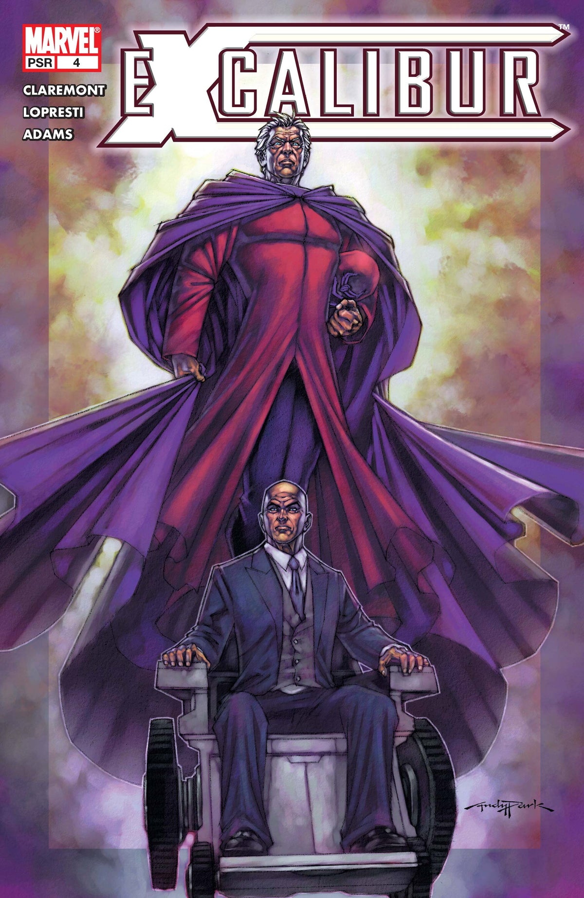 Andy Park cover art for Marvel’s Excalibur #4, featuring Magneto standing behind Professor X, who sits in his wheelchair, framed by Magneto’s flowing purple cape.