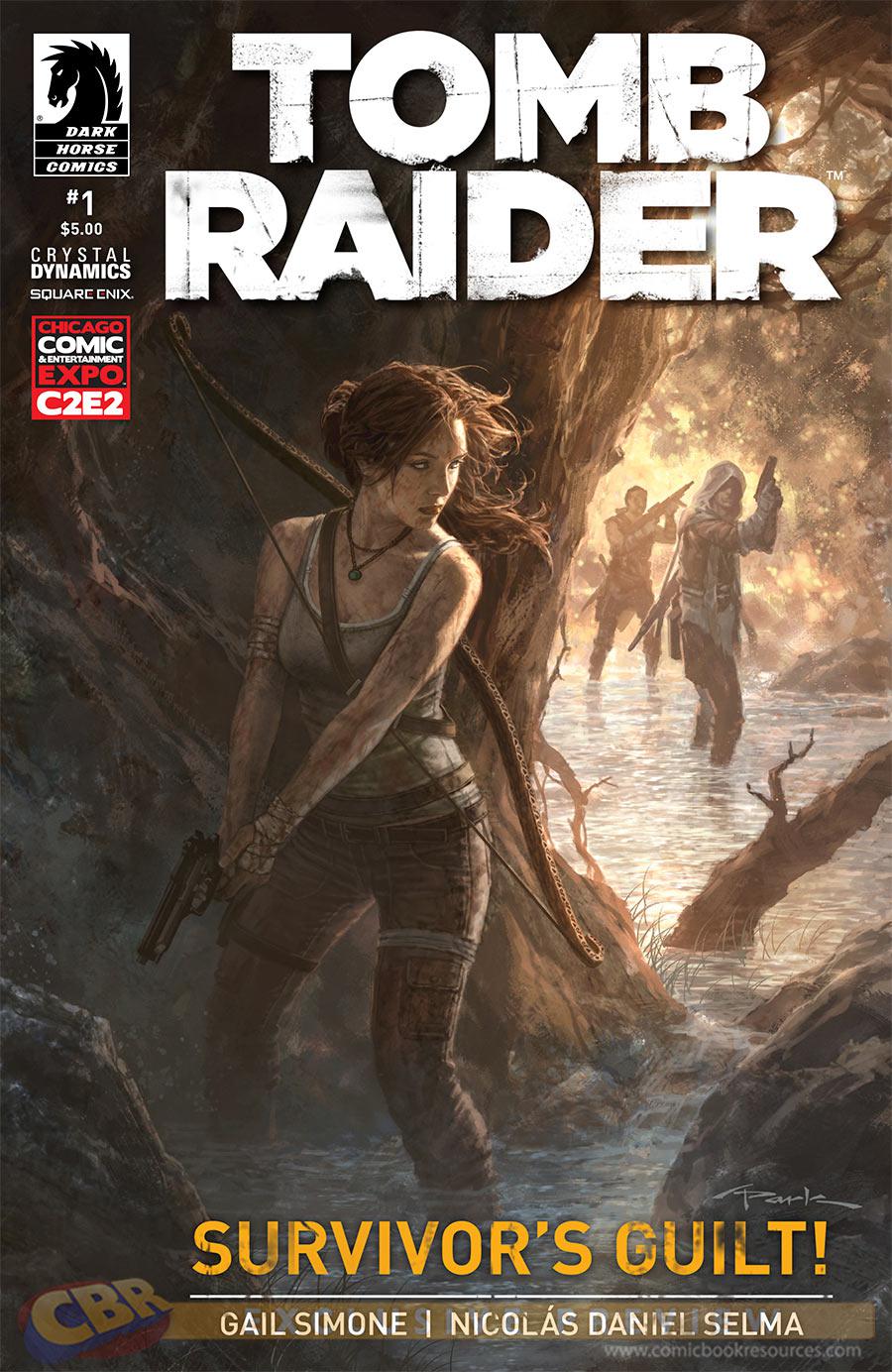 Andy Park cover art for Dark Horse Comics’ Tomb Raider #1, featuring Lara Croft taking cover behind a tree with a pistol in hand as armed figures approach through a flooded jungle.