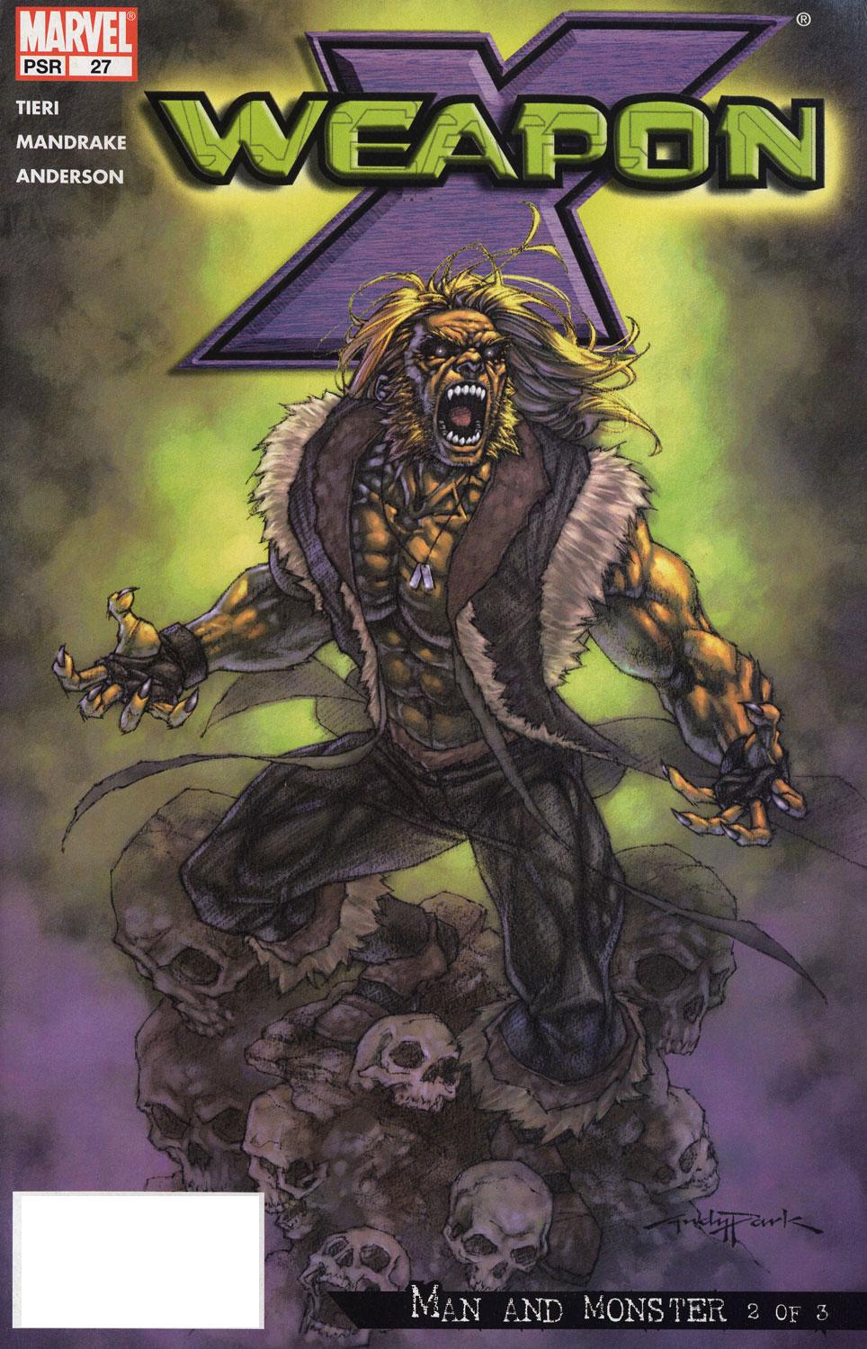 Andy Park cover art for Marvel’s Weapon X #27, featuring Sabretooth roaring atop a pile of skulls, surrounded by an eerie green and purple haze. Tieri. Mandrake. Anderson.
