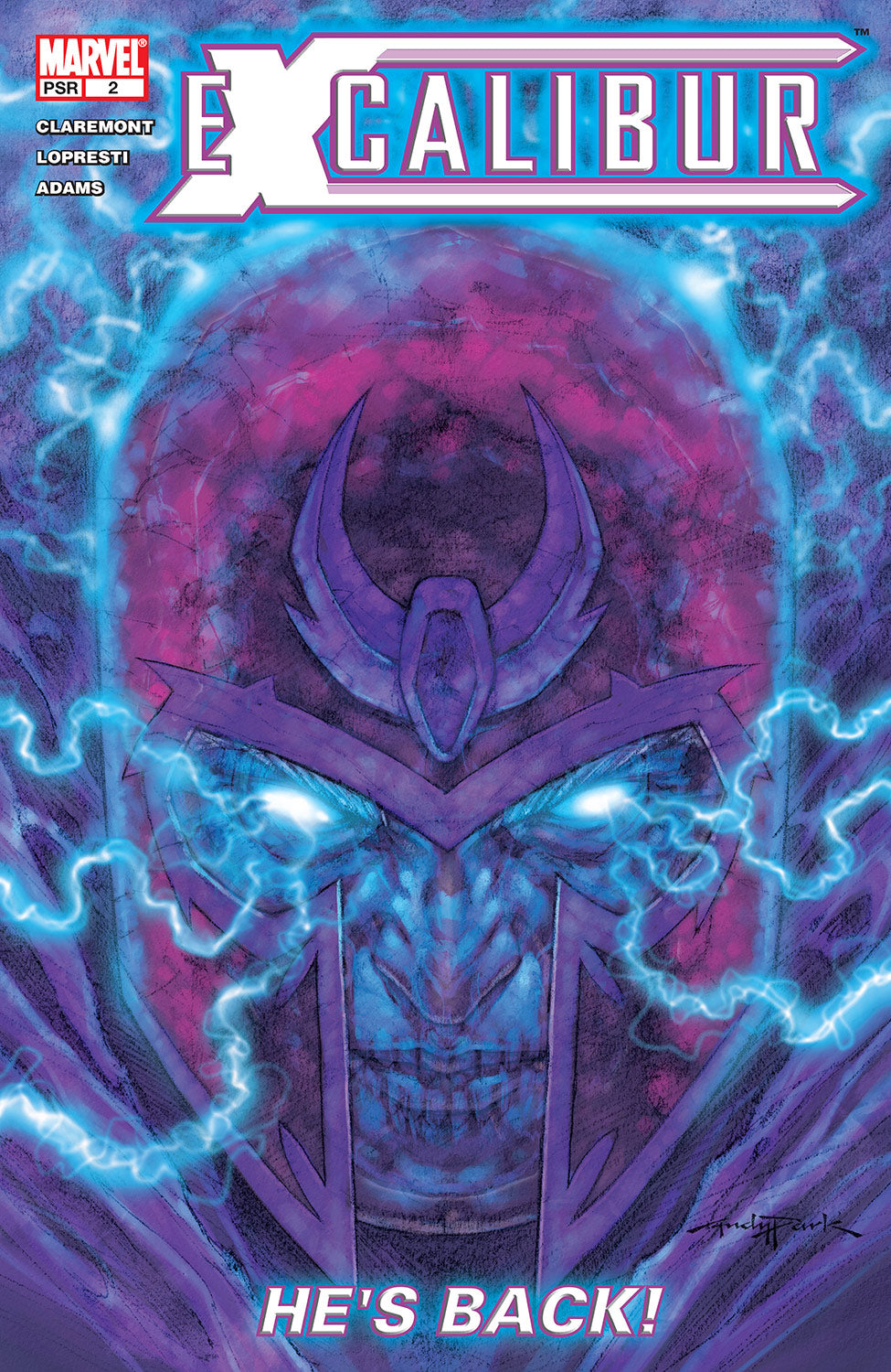 Andy Park cover art for the comic book Excalibur #2, featuring a close-up portrait of Magneto in his iconic helmet, surrounded by crackling blue energy in vivid purple, pink, and blue tones.
