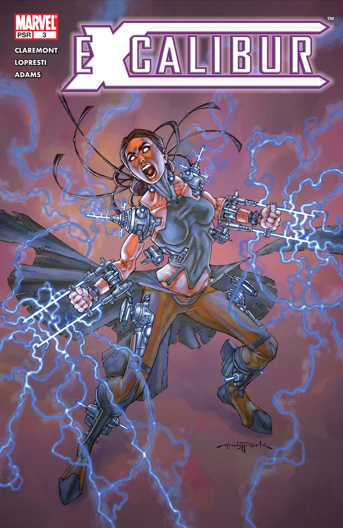Andy Park cover art for Marvel’s Excalibur #3, featuring a woman restrained by mechanical devices as blue electrical energy crackles around her body.
